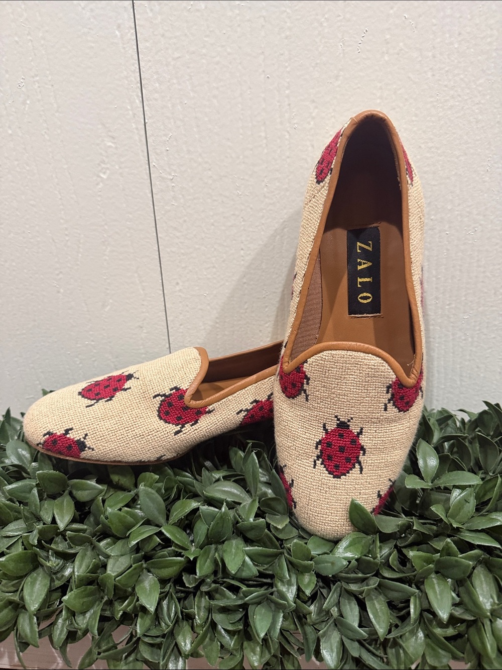 Zalo Ladybug Flats Leather Tapestry Loafers Size 7